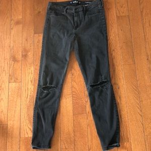 Black high rise distressed black skinny jeans